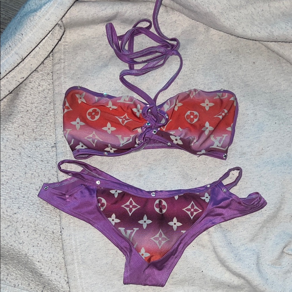 Purple and Red Louis Vittuon Imitation Bikini Set Exotic Dance Wear